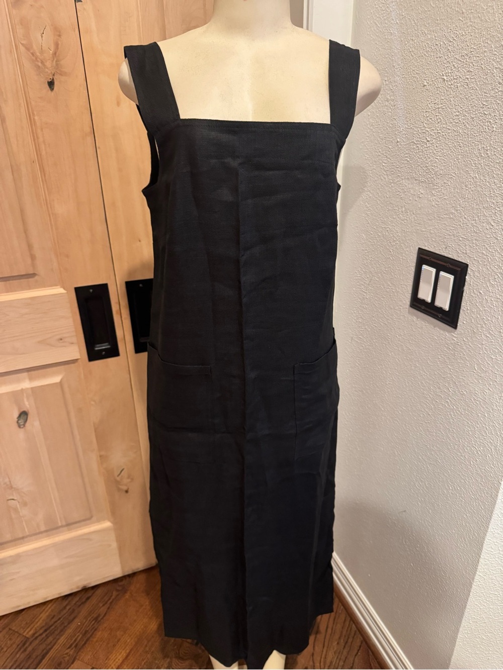 Al’Son Paris vintage Black Linen Midi Dress Sz S minimalist Pockets! France